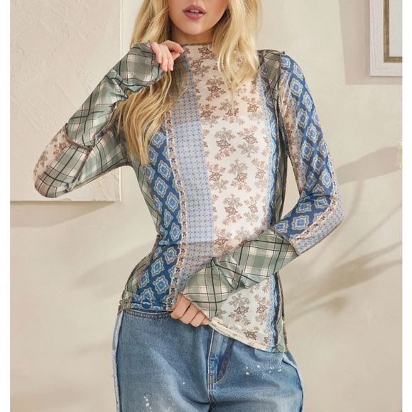 Oli & Hali Floral Print Semi Sheer Mock Neck Long sleeve Top - Picture 2 of 6